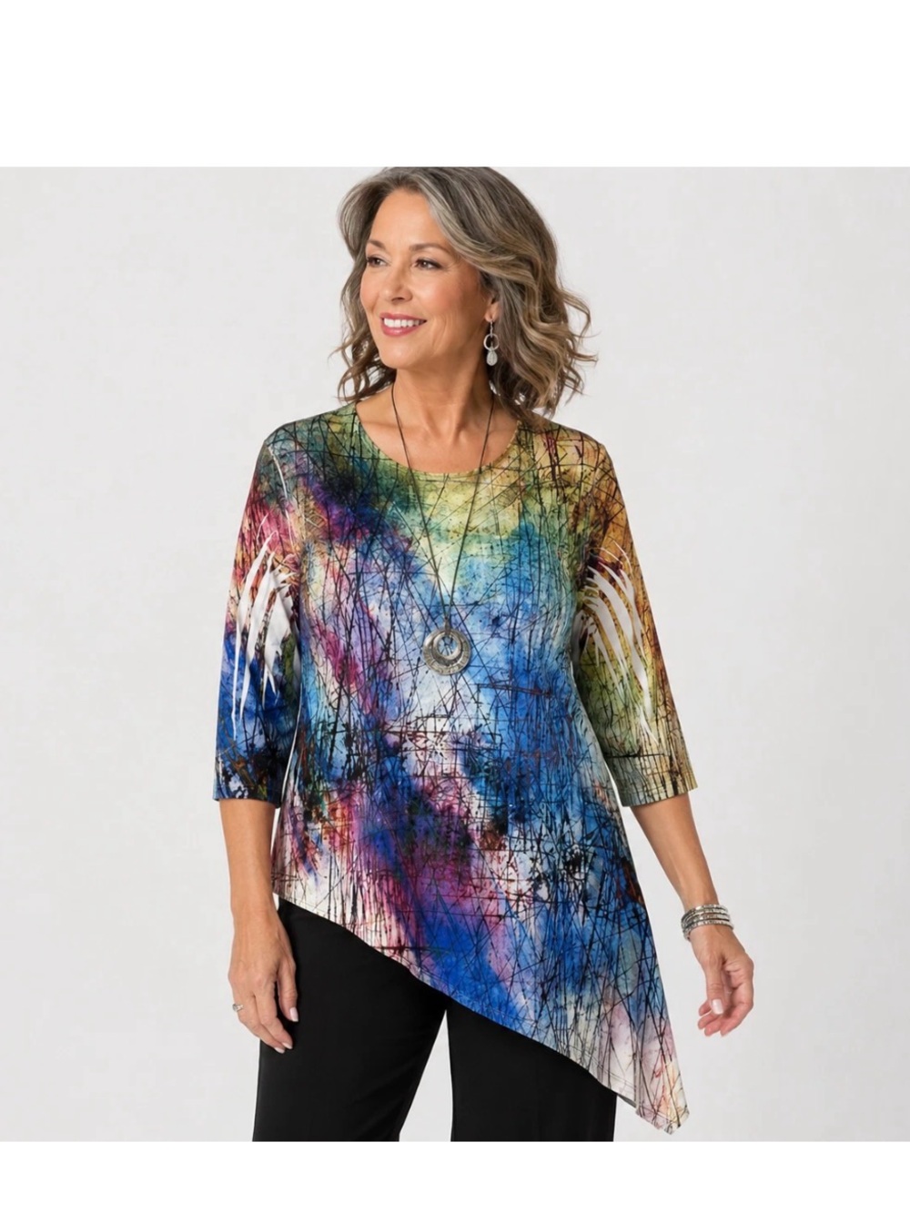 Jess & Jane Artsy Rhinestone Top XL Abstract Asymmetrical Tunic USA